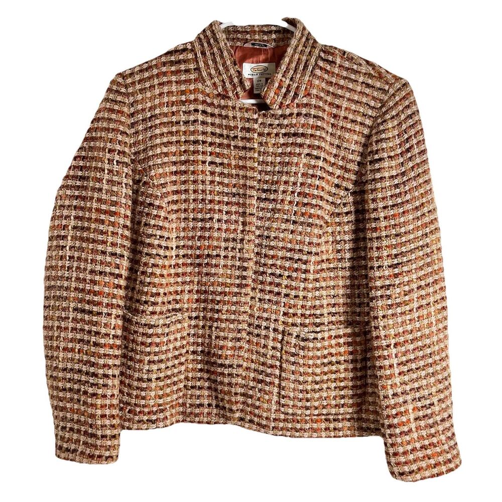Talbots VTG 100% Wool Tweed Snap Front Blazer Size 12W Pockets Office Career